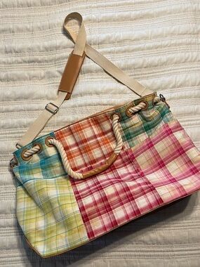 Bath & Body Works Multicolor Plaid Canvas Tote with Rope Handles